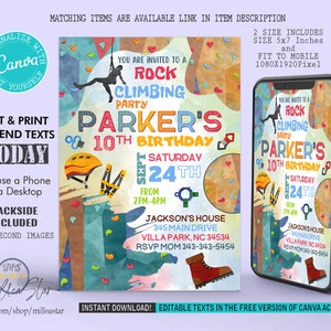 Rock Climbing Birthday Invitation, Rock Climbing Invites, Kids Birthday Party Invitations, Digital Invitation, Editable in canva