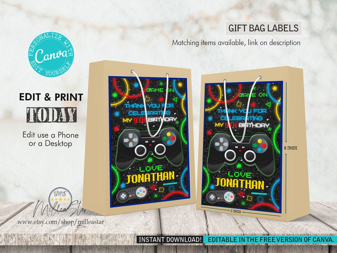 Video Game Gift Bag Labels, Gift Bag Stickers, Bag Tags Template