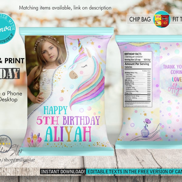 Unicorn Birthday Chip Bag Template, Chip Bag Party Favors For Girls With Photo, Editable Template, Instant Download