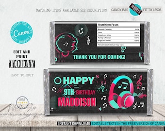 Musical birthday candy bar wrappers, Chocolate bar wrappers, Candy bar template, Birthday favors tags, Music birthday, Editable texts canva