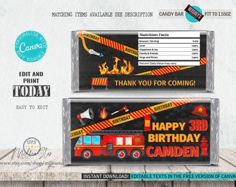 Firetruck birthday candy bar wrappers, Chocolate bar wrappers, Candy bar template, Fireman birthday party favors, Editable texts canva