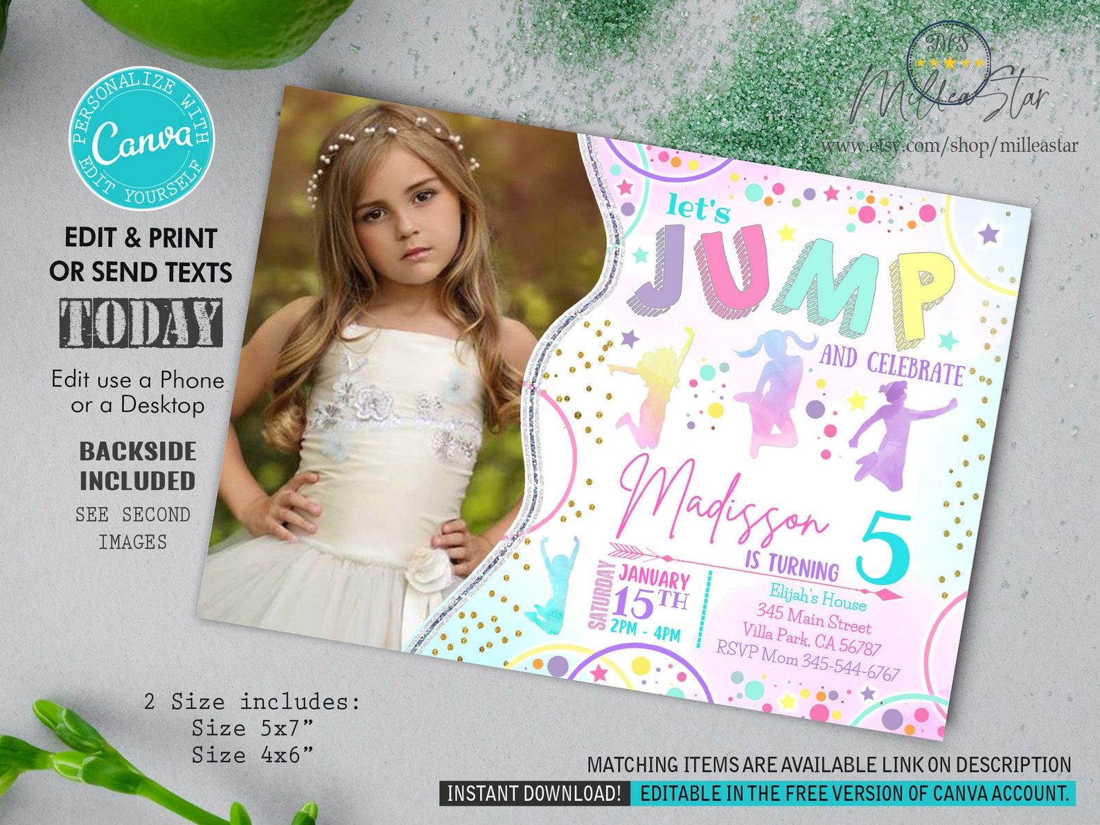 Jump Birthday Invitation Trampoline Invitations for Girl Etsy