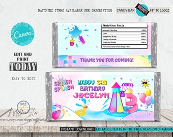 Waterpark birthday candy bar labels, Chocolate bar wrappers, Candy bar template, Splish Splash birthday, Editable texts in canva