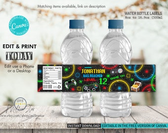 Video Game Water Bottle Labels Birthday, Water Bottle Labels, Editable in Canva