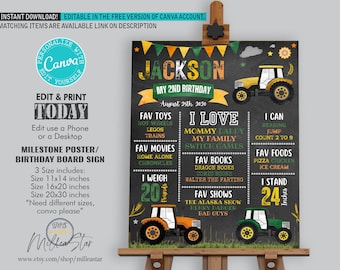 Tractor Birthday Poster, Milestone Sign, Chalkboard Birthday Poster for Boys, Editable Template, Instant Download