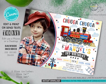 Train Birthday Invitation, Train Invite, Birthday Invitation For Boys With Picture, Editable in Canva, Instant Download