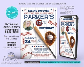 Baseball Birthday Invitations, Sports Invites, Baseball Invitation, Birthday Invitation With Photo, Editable in canva