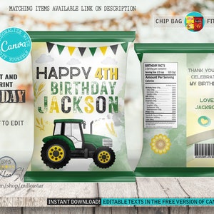 Tractor birthday chip bag labels, Tractor Chip bags template, Party Favors, Editable texts in canva