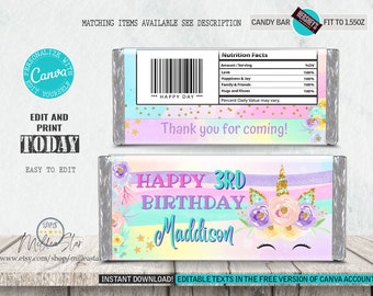 Unicorn birthday candy bar, Unicorn Chocolate bar wrappers, Unicorn Candy bar labels, Birthday for girls, Editable in canva