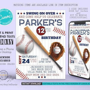 Baseball Birthday Invitations, Sports Invites, Baseball Invitation, Phone Invitation, Digital Invitation, Editable in canva