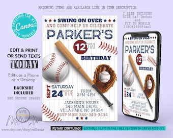 Baseball Birthday Invitations, Sports Invites, Baseball Invitation, Phone Invitation, Digital Invitation, Editable in canva