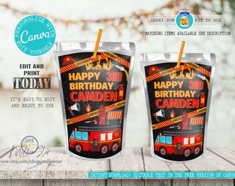 Fire truck birthday capri sun labels, Firetruck birthday party, Fireman Party favors, Juice wrappers, Capri sun template, Editable texts