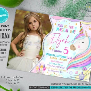 Unicorn Invitation, Unicorn Invite, Birthday Invitation For Girls With Picture, Editable Template, Instant Download