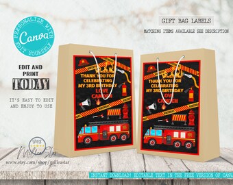 Firetruck gift bag labels, Gift bag stickers, Fire truck birthday favor labels, Fireman Birthday Ideas, Editable texts template canva