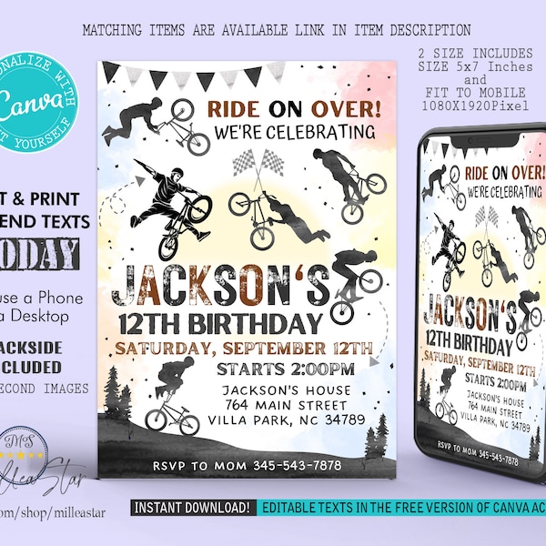 BMX bike Birthday Invitation, Bike Invites, Bike Birthday, Bicycle Party, Mobile Invitations, Digital Invitation, Editable texts in canva