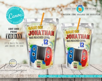 Video game birthday capri sun labels, Game birthday party favors, Juice wrappers, Capri sun template, Digital Editable texts canva