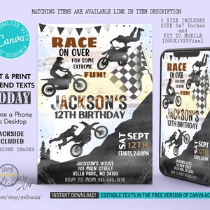 Dirt Bike Birthday Invitations, Bike Invites, Bike Birthday Party, Mobile Invitations, Digital Invitation, Editable in canva