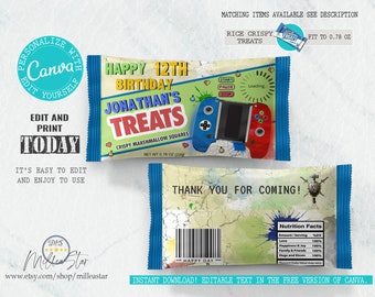 Video game birthday rice crispy treats, Game birthday party, Treats wrapper, Game Birthday favors Labels, Editable texts canva