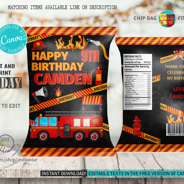 Firetruck birthday chip bag labels, Chip bag template, Fireman Chip bags, Birthday Party Favors Labels, Editable in canva