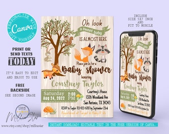 Woodland Baby Shower Invitation, Baby Shower Party Invitation Editable texts in canva