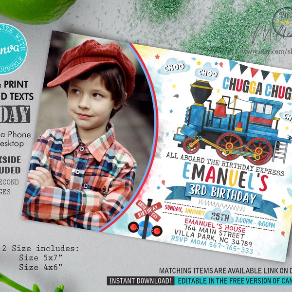 Train Birthday Invitation, Train Invite, Birthday Invitation For Boys With Picture, Editable Template, Instant Download