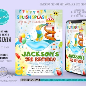 Water Park Invitation, Water Slide Invites, Splish Splash Birthday Invites, Party Invites, Mobile invitation, Digital Editable texts canva