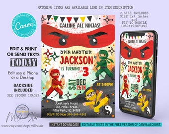 Ninja Birthday Invitation, Birthday Party Invite, Mobile Invitations, Digital Invitation, Editable in canva