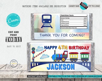 Train birthday candy bar wrappers, Chocolate bar wrappers, Candy bar template, Birthday party favors, Train birthday, Editable texts canva