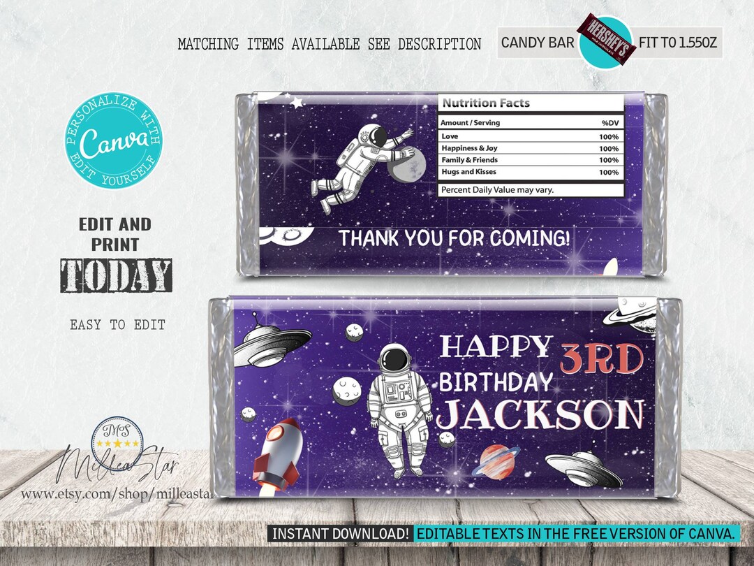 Outer Space Birthday Candy Bar Labels, Chocolate Bar Wrappers ...