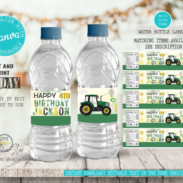 Tractor bottle labels, Tractor birthday party favors, Water bottle labels, Editable texts in canva