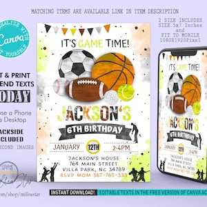 Sports Birthday Invitation, Sports Invitation, Sports Party invites, Sports Birthday, Mobile Invitation, Digital Editable texts canva