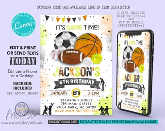 Sports Birthday Invitation, Sports Invitation, Sports Party invites, Sports Birthday, Mobile Invitation, Digital Editable texts canva