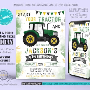 Tractor Invitation, Tractor Invites, Tractors Birthday Invite, Party invites, Digital Invitations, Birthday Invites, Editable texts canva