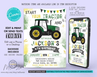 Tractor Invitation, Tractor Invites, Tractors Birthday Invite, Party invites, Digital Invitations, Birthday Invites, Editable texts canva