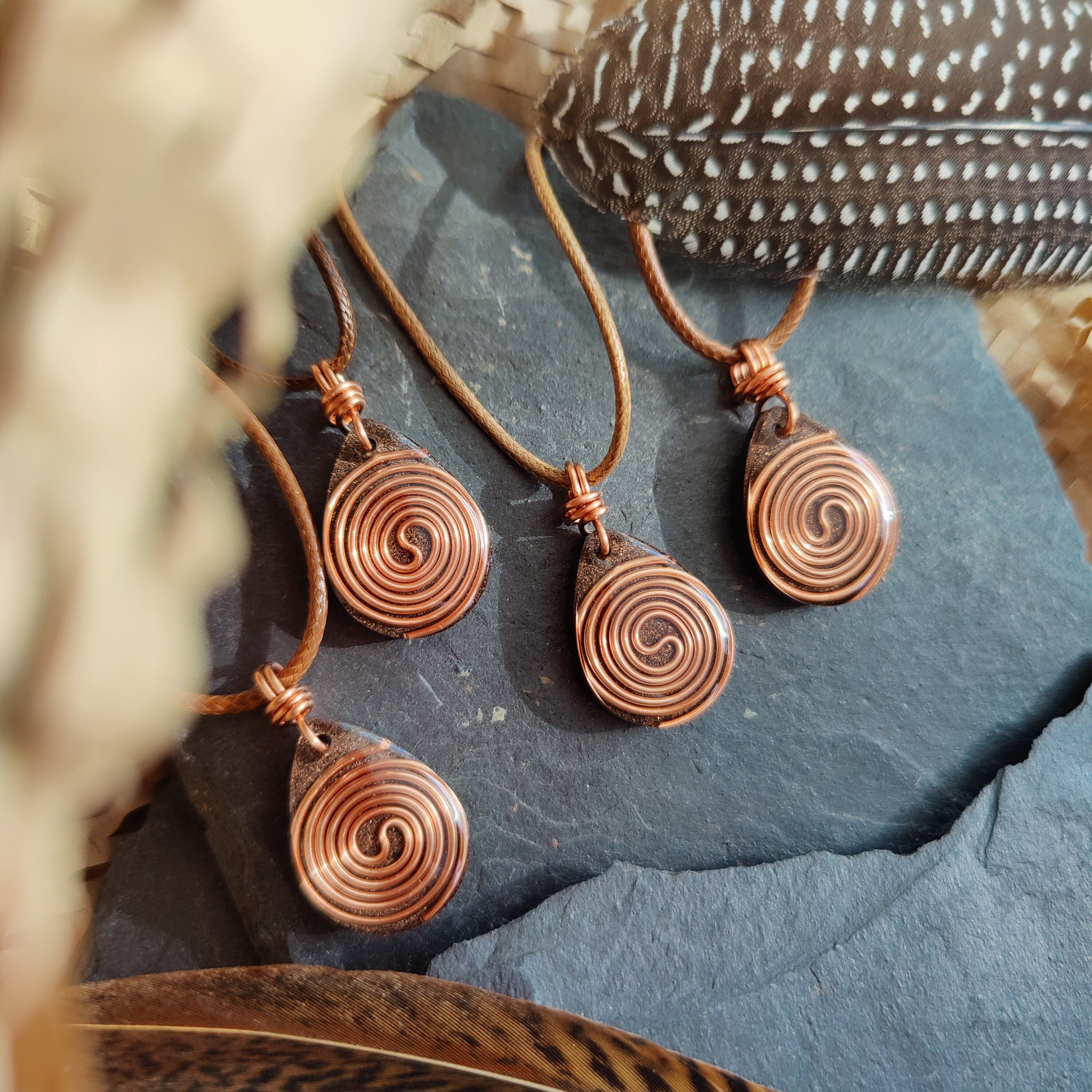 Shungite Copper Coil Spiral Tear Drop Orgonite Pendant, EMF Protection Nano Orgone Matrix