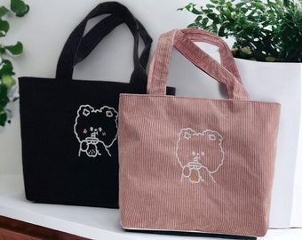 Cute Corduroy Tote Bag with Zipper and Lining | Bear Pattern | Retro Tote Bag | Reusable Shoulder Bag | Tote Bag for Women | Gifts for Her