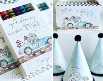 Vintage Race Car Party decorations, Party Set, birthday party, custom boxes. party favors for kids, race car party hats, race car favor box