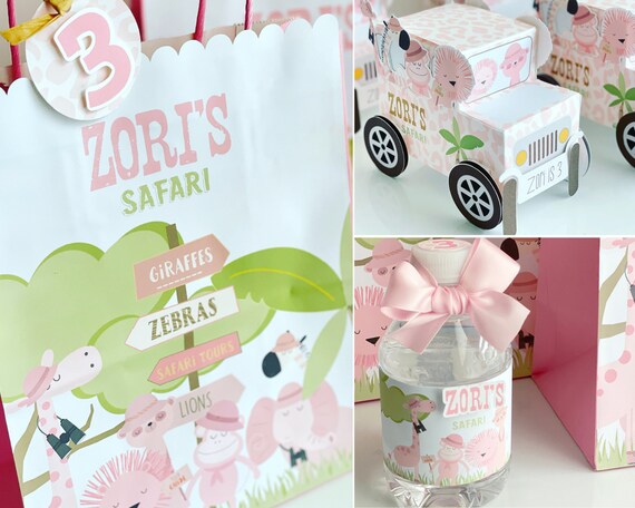 Pink Safari Animals Party for girls decorations Jungle Set birthday favor Pringles pyramid box jeep box Il_570xn