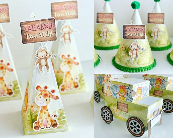 Safari Animals Assembled Party decorations Jungle Set birthday favor Pringles pyramid box jeep box Il_570xn