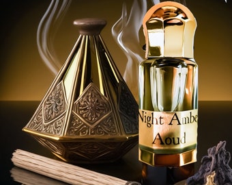 Attar artesanal, “Night Amber Oud', 6ml Incenso Doce com Oud, Frankincense, Patchouli, Cacau e óleos essenciais naturais da Meleg Perfumes.