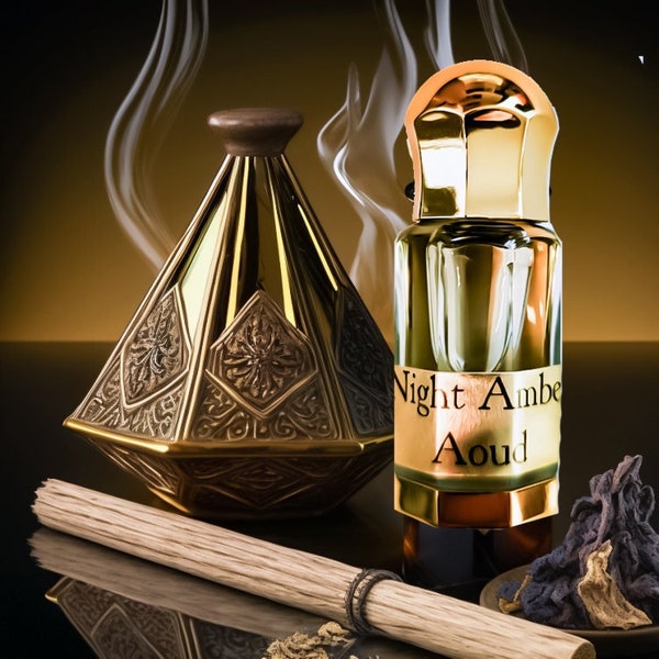 Attar fait à la main, "Night Amber Oud", 6 ml d'encens doux avec oud, encens, patchouli, cacao et huiles essentielles naturelles par Meleg Parfums.