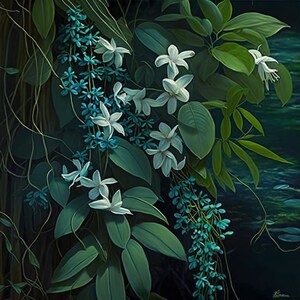 Pode incluir: Uma pintura de flores brancas com flores azuis penduradas em uma videira. As flores est&atilde;o na frente de um fundo verde escuro com um reflexo de &aacute;gua azul escuro.