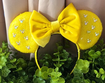 Crystal Rhinestone Jeweled Yellow Sequin Mouse Ears Headband | Yellow Mouse Ears Headband