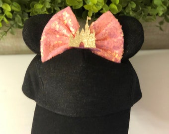 Youth Size Mouse Ears Hat | Pink Bow and Glitter Castle Mouse Ears Hat | Adjustable Youth Size Mouse Ears Hat
