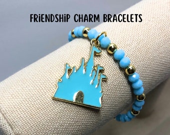 Light Blue Bead and Enamel Castle Charm Friendship Adjustable Bracelet