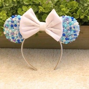 Blue and White Pearl Mouse Ears Headband | Blue and White Jeweled Mouse Ears | Bejeweled Mouse Ears - NEW ARRIVAL