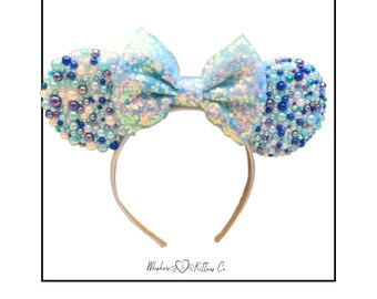 Blue Pearl Mouse Ears Headband: Iridescent Sequin Bow, Jeweled Ears