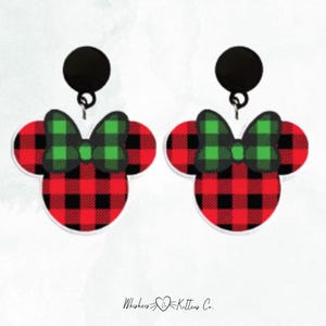 Buffalo Plaid Minnie Mouse Earrings – Holiday Disney Jewelry image 4