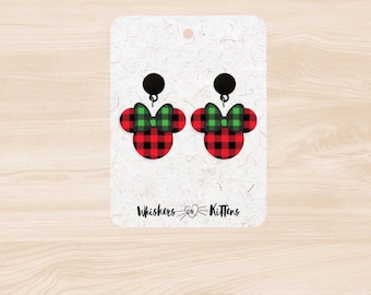 Buffalo Plaid Minnie Earrings – 1.35&quot; Dangle Post Back | Red & Black Plaid with Green Bow | Holiday Disney Jewelry