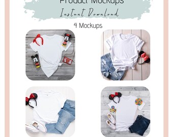 May include: Four mockups of a white t-shirt with different backgrounds. The t-shirts are all plain white and have a relaxed fit. The backgrounds include a wooden surface with a red bow, a wooden surface with a pair of denim shorts, a wooden surface with a pair of denim jeans and a pair of white sneakers, and a wooden surface with a pair of denim jeans and a pair of white sneakers. The text "Wishes On Kittens Co." is visible in the bottom right corner of the image.